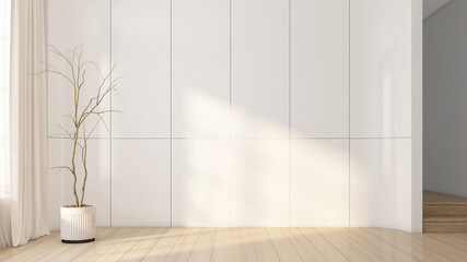 Modern Japanese-style empty room with a built-in tv cabinet. Wall finished in white paint and wooden floors. 3d rendering