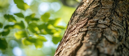 Obraz premium Textured Tree Bark with Lush Green Leaves Background Showcasing the Natural Beauty of Wood and Foliage in a Forest Setting