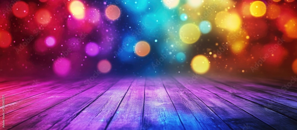 Poster vibrant colorful bokeh effect with wooden floor and blank space for custom text in a festive atmosph