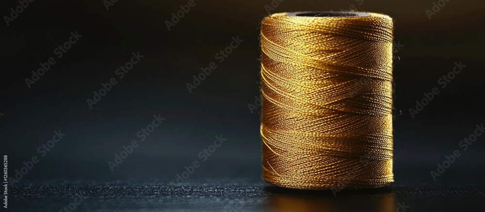 Poster gold thread spool on dark surface creating a contrast showcasing texture and elegance ideal for craf