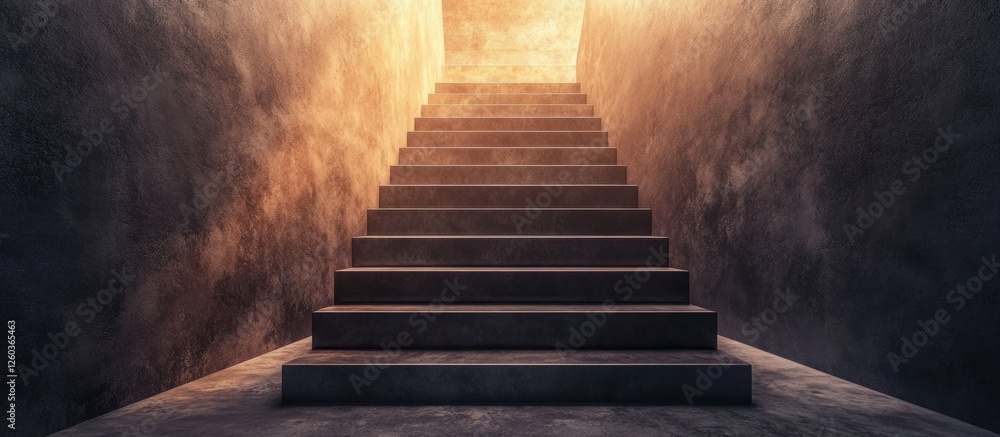 Poster stunning stairs descending into an artistic courtyard with unique lighting and ample space for text 