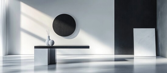 Modern minimalist studio interior with abstract black and white gradient walls and geometric decor elements in natural light.