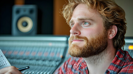 Musician composing music in studio, focused expression, mixing desk background, for music industry websites