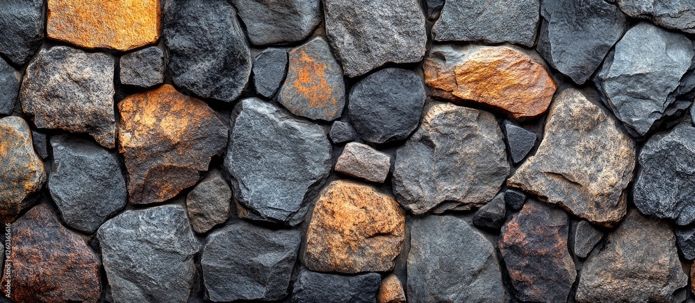 Poster textured stone wall background featuring a mixture of dark and warm tones, ideal for rustic design t