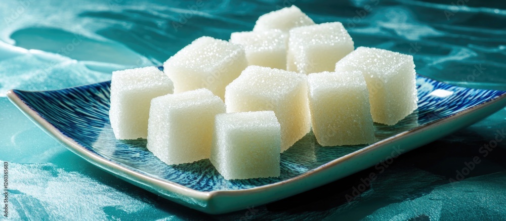 Poster sugar cubes arranged on a decorative plate against a vibrant blue background creating a visually app