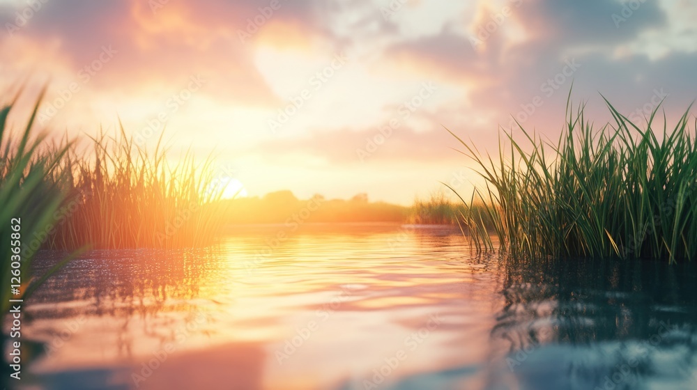 Poster sunrise reflections over marshlands with tall grass and tranquil water creating serene nature backgr