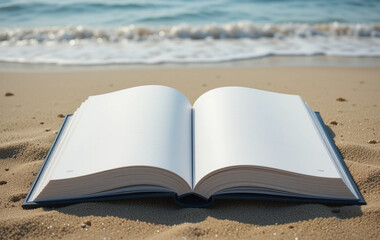 Blank Pages of Open Book Against Blurred Beach Background with Ocean View