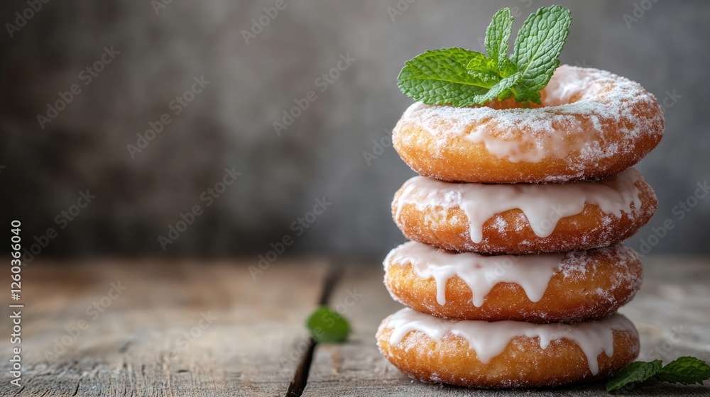 Poster stacked glazed doughnut cookies garnished with fresh mint leaves on a rustic wooden table with empty