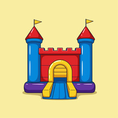 Colorful Cartoon Inflatable Bounce House with Flags on Light Yellow Background