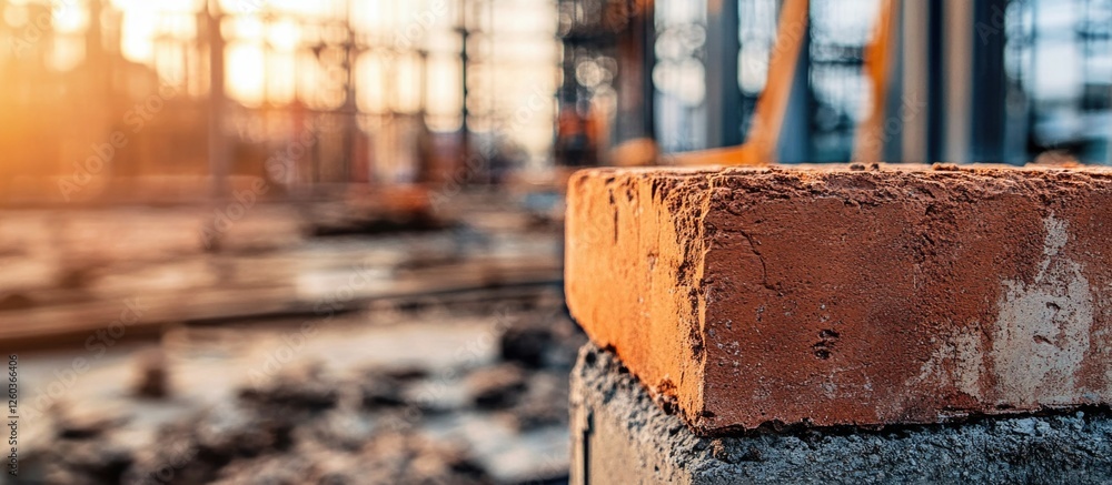Poster durable brick close-up with construction site background illustrating strength and stability in buil