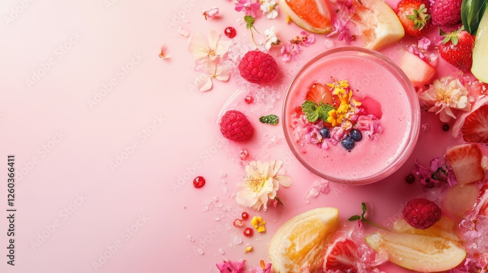 Poster vibrant pink smoothie with an array of fresh fruits and edible flowers on a soft pink background ide