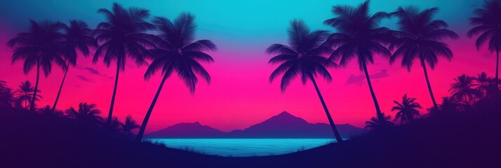 Obraz premium Vibrant sunset landscape with palm trees and ocean views tropical paradise digital art serene environment