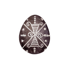 Black Pysanka with Folk Motifs. Detailed watercolor illustration of an egg featuring an intricate traditional pattern. Perfect for use in cultural projects with Easter themes for wallpaper banners etc