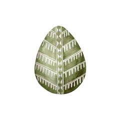 Green Pysanka with Folk Motifs. Detailed watercolor illustration of an egg featuring an intricate traditional pattern. Perfect for use in cultural projects with Easter themes for wallpaper banners etc