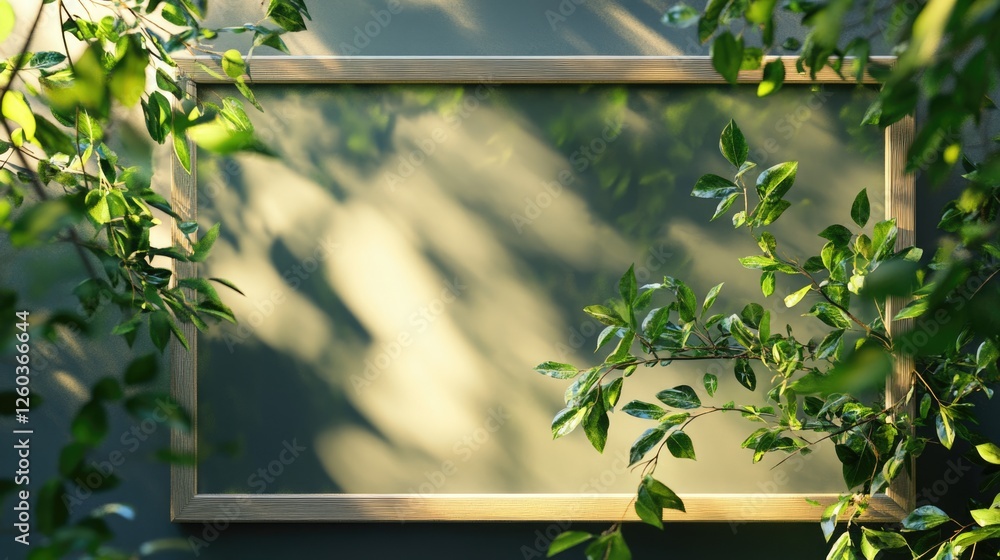 Poster framed artwork display featuring lush green trees and sunlight with a blank space for personalized t