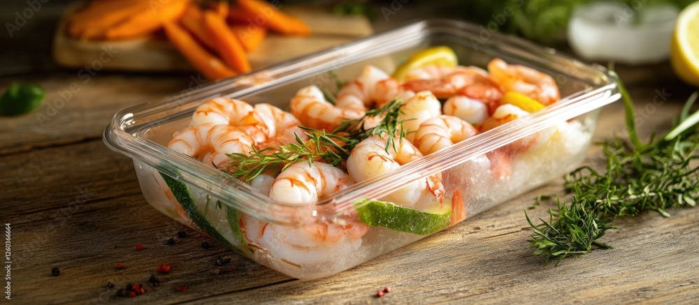 Poster fresh shrimp in a transparent container with lemon and herbs on rustic wooden table
