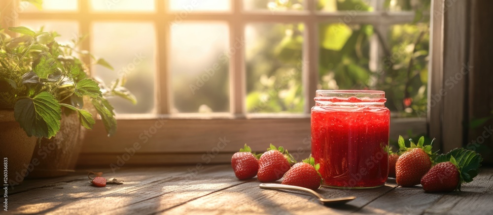 Poster homemade strawberry jam in a jar with fresh strawberries on a rustic table by a sunlit window with g