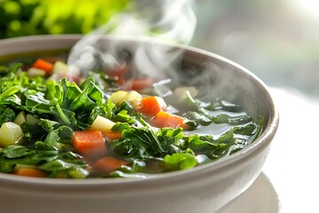 A close-up capture of a warm, inviting bowl of vegetable soup emitting steam, filled with fresh greens and diced veggies, presented on a bright white background.