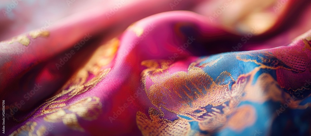 Aufkleber vibrant silk fabric with intricate patterns showcasing a blend of colors and textures for artistic a