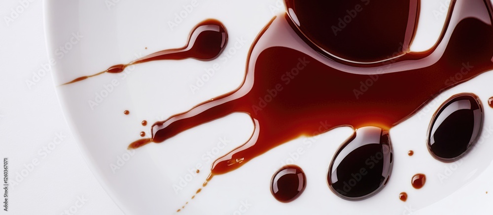 Poster soy sauce and teriyaki drops on a white plate creating an artistic texture of balsamic vinegar puddl