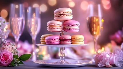 A beautiful display of colorful macarons on a glass cake stand, surrounded by champagne flutes and elegant flowers, creating a festive and sophisticated atmosphere for any celebrat