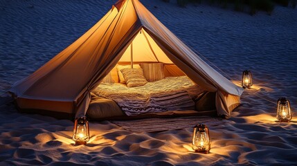 Cozy beach camping tent at night, illuminated by warm lamps placed around the tent's base, revealing a comfortable interior with bedding and pillows. The tent is a light beige color, set against the