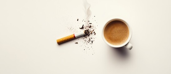 Stop smoking and coffee concept featuring a broken cigarette and a cup of coffee on a minimalist white background