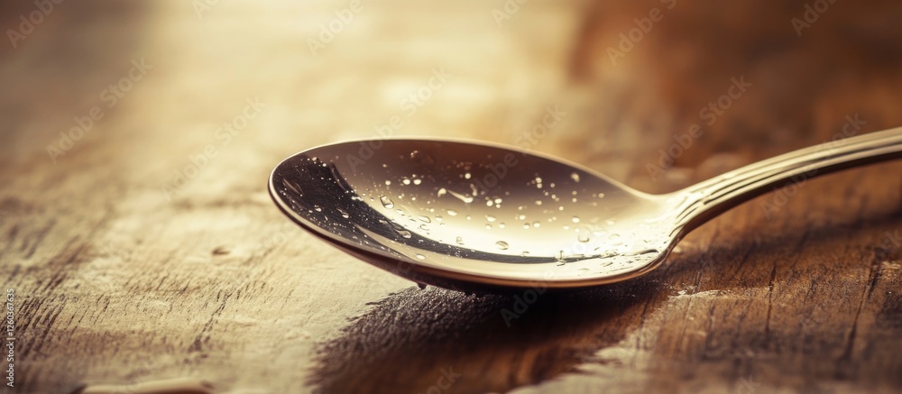 Poster reflection of droplets on a metallic spoon on a rustic wooden surface showcasing light and shadow in