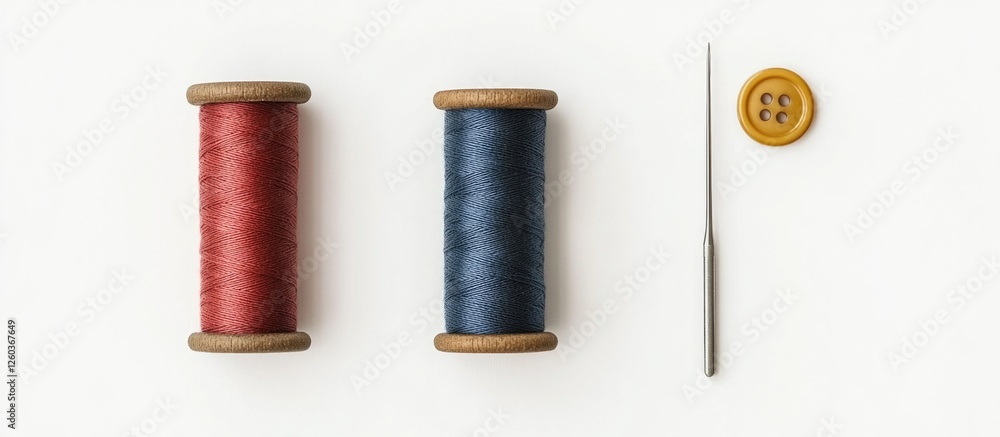 Poster spools of red and blue thread alongside a needle and button arranged on a clean white background for