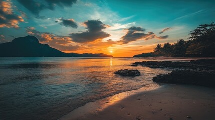 Serene Sunset over the Sea with Silhouettes and Vibrant Clouds Ideal for Text Overlay or Inspirational Quotes