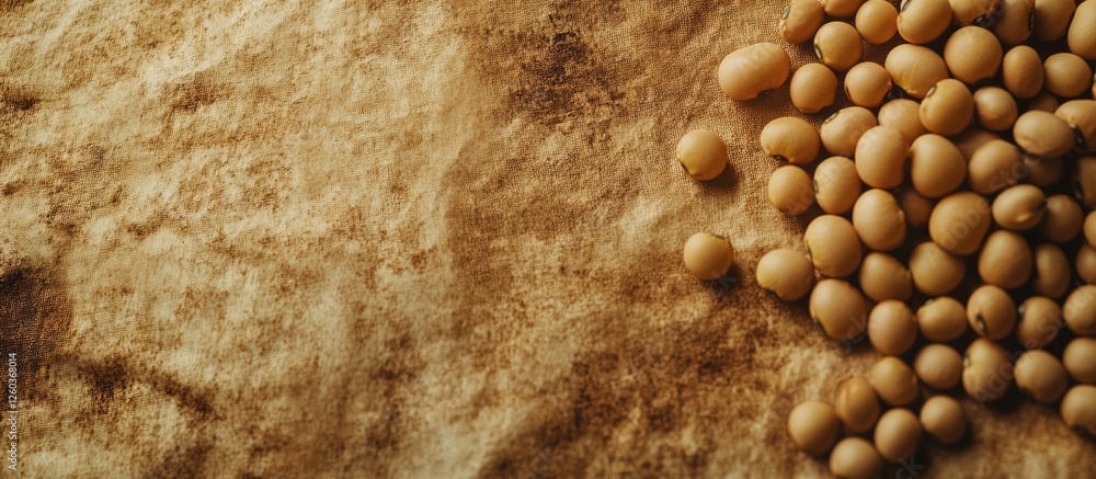 Poster soybean seeds displayed on a textured brown background highlighting their role as a rich source of v