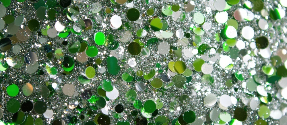 Poster glittery silver and green sparkling background with shimmering sequins and dynamic bokeh effect for 