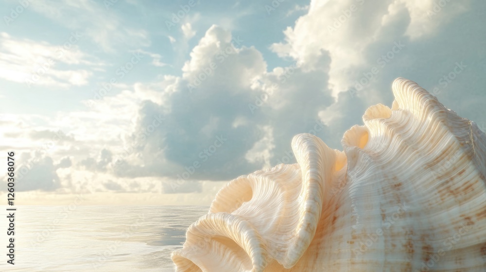 Poster seashell texture against a serene cloudy sky and tranquil ocean background