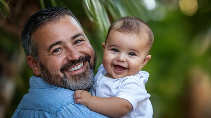 Father sharing joyful moment with baby outdoors. Represents parental bonds, family happiness, and childhood development.