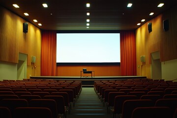 Modern Auditorium with Empty Stage and Projector Screen Setting