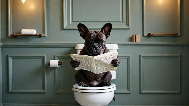 Funny French Bulldog Sitting on a Toilet Reading a Newspaper