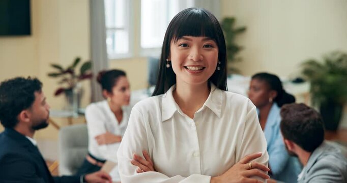 Happy, crossed arms and face of businesswoman in office for meeting with finance profit for company. Confident, portrait and female financial consultant with pride for corporate accounting career.
