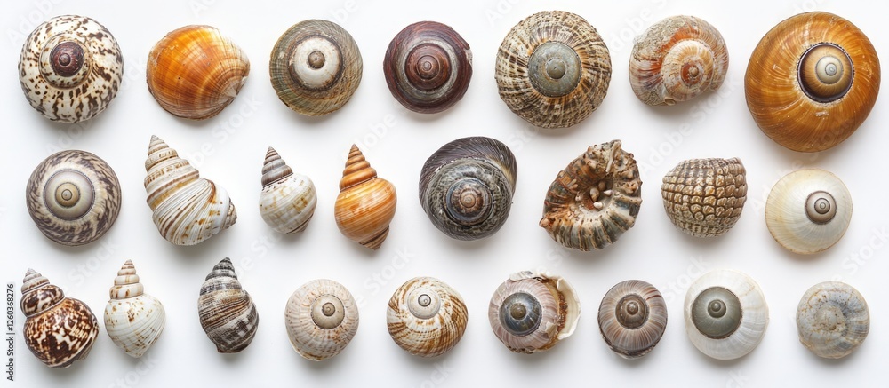 Poster diverse collection of beautifully patterned snail shells arranged on a white background showcasing n