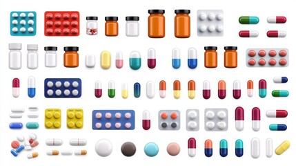 Fototapeta premium Isolated Collection of Diverse Pharmaceutical Products Including Capsules and Tablets on White Background