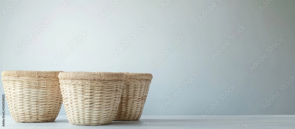 Poster swedish woven laundry baskets arranged on a clean surface with ample empty space for customizable te