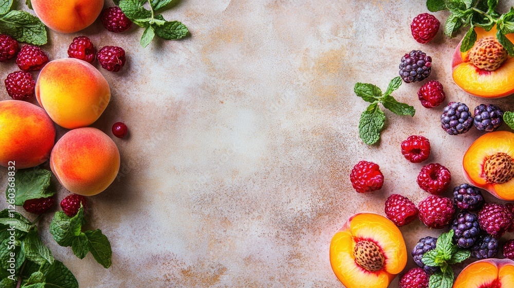 Poster Refreshing Summer Peach Beverage with Berries and Mint on Textured Background with Empty Copy Space for Customizable Text