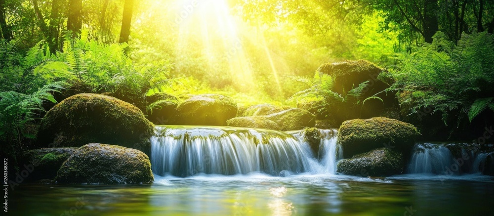 Poster serene stream cascading over rocks illuminated by sunlight amidst lush greenery in a tranquil forest