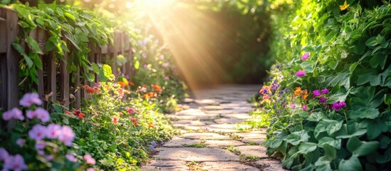 Lush garden pathway adorned with vibrant flowers and green ivy illuminated by warm sunlight in an outdoor setting.