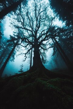 Ancient Moss Covered Tree In Foggy Forest