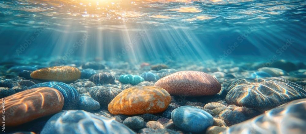 Poster tranquil underwater scene with colorful stones illuminated by sunlight beams creating a serene and c