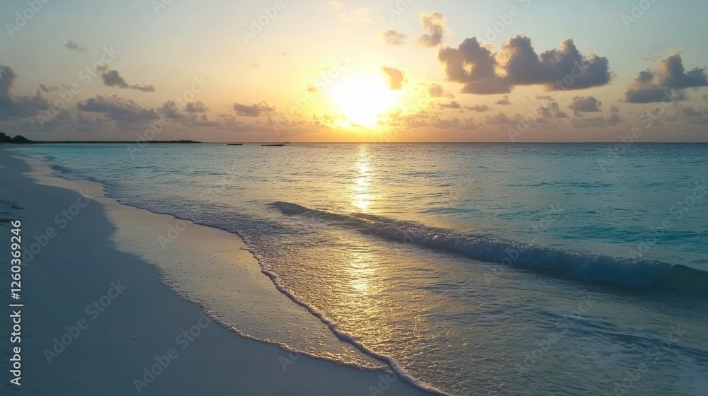 Poster serene sunset over tranquil beach and ocean creating a peaceful atmosphere for relaxation and exotic