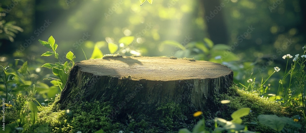 Poster lush forest scene featuring a tree stump surrounded by vibrant greenery and soft light filtering thr