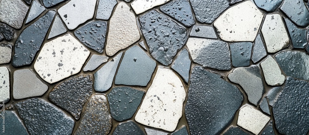 Poster gray and white mosaic street paving stones with wet texture after rain showing a unique pattern and 