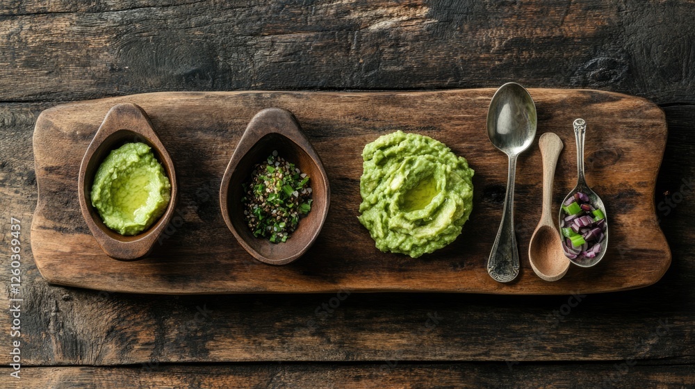Poster rustic serving board with healthy avocado dip and toppings top view empty space for text perfect for