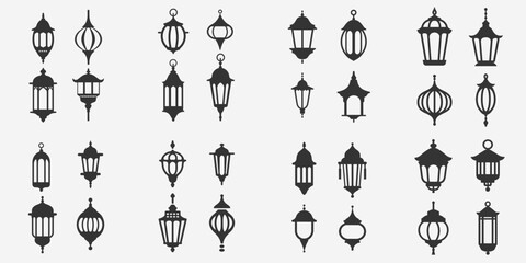 vector of Black and white silhouettes of lanterns on a white background arabic lamp ornament